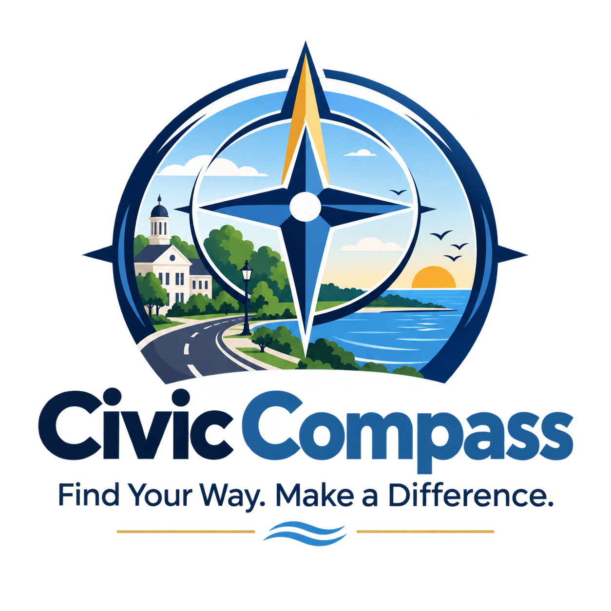 Civic Compass emblem showing a compass, a civic building, a road, and a shoreline